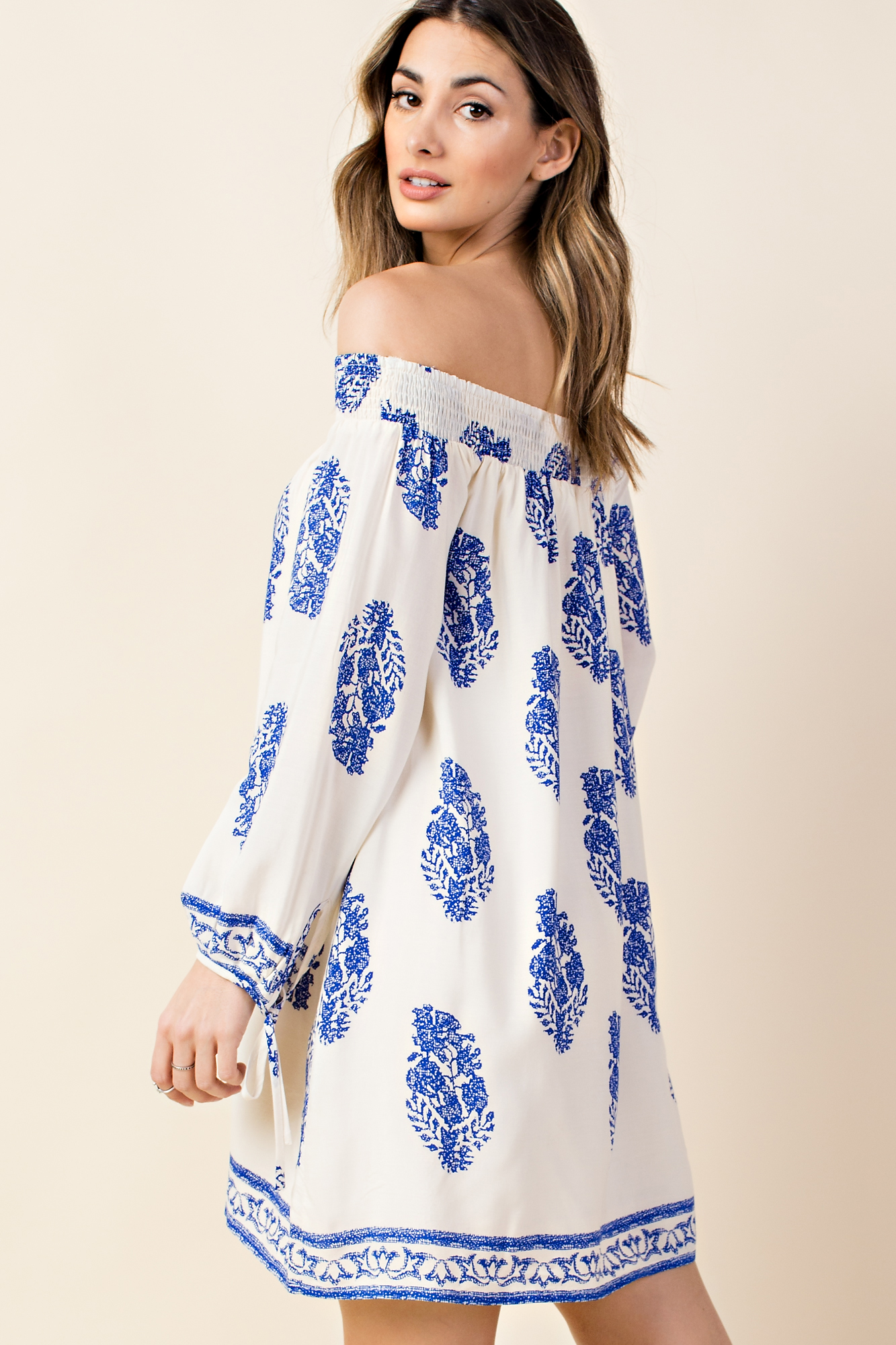 Casual Off Shoulder Ivory Dress with Blue Print Long Sleeve