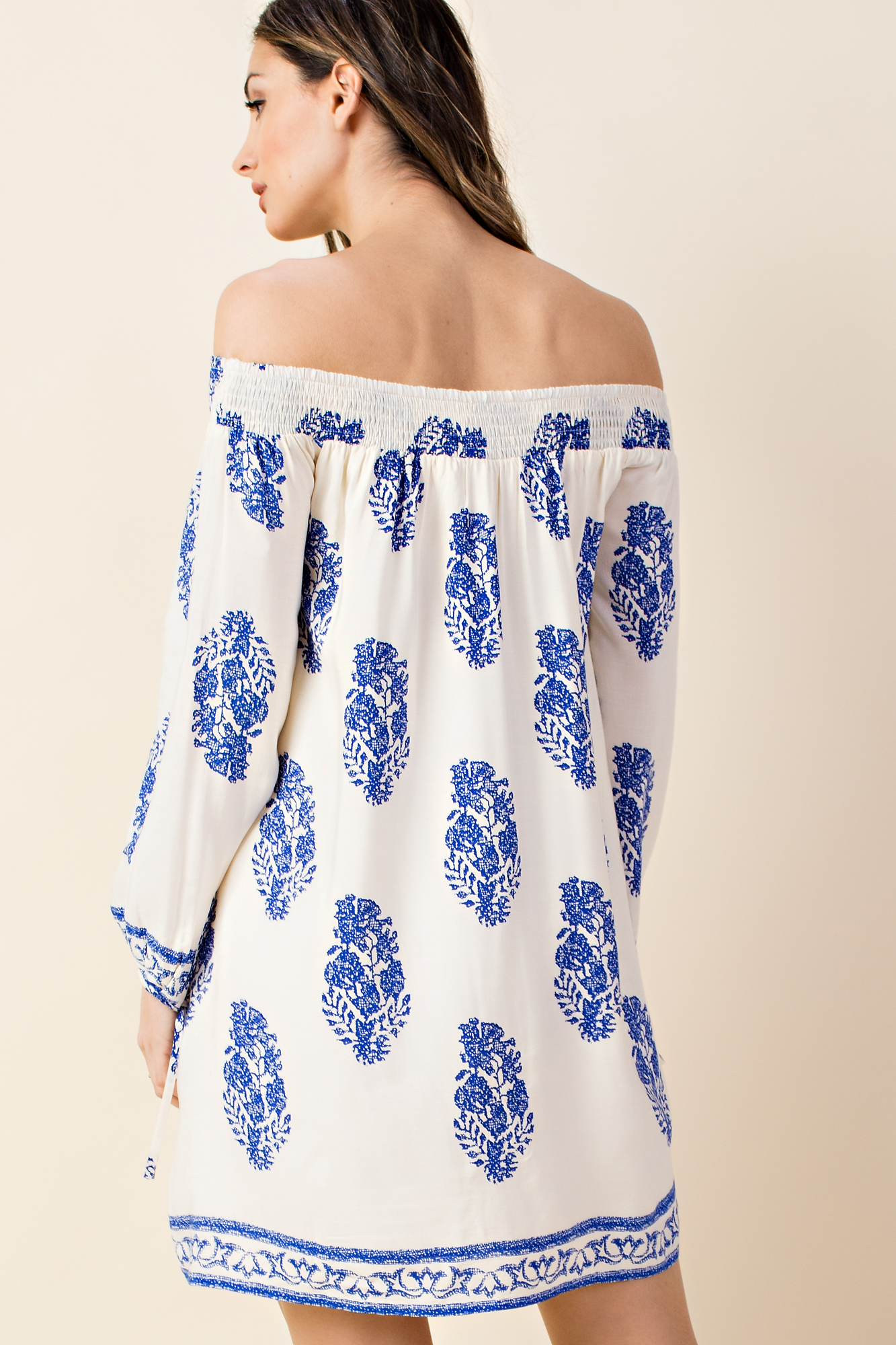 Casual Off Shoulder Ivory Dress with Blue Print Long Sleeve