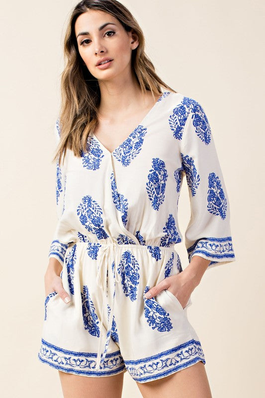 Casual V-Neck Ivory Romper with Blue Print Long Sleeve