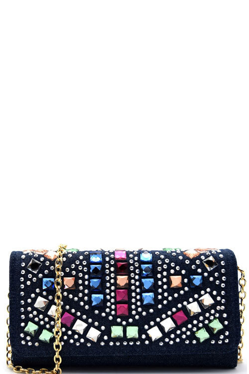 Elegant Denim Multi-Color Rhinestone Wallet