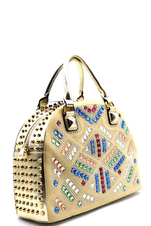 Elegant Champagne Round Stud Rhinestone Embellished Handbag