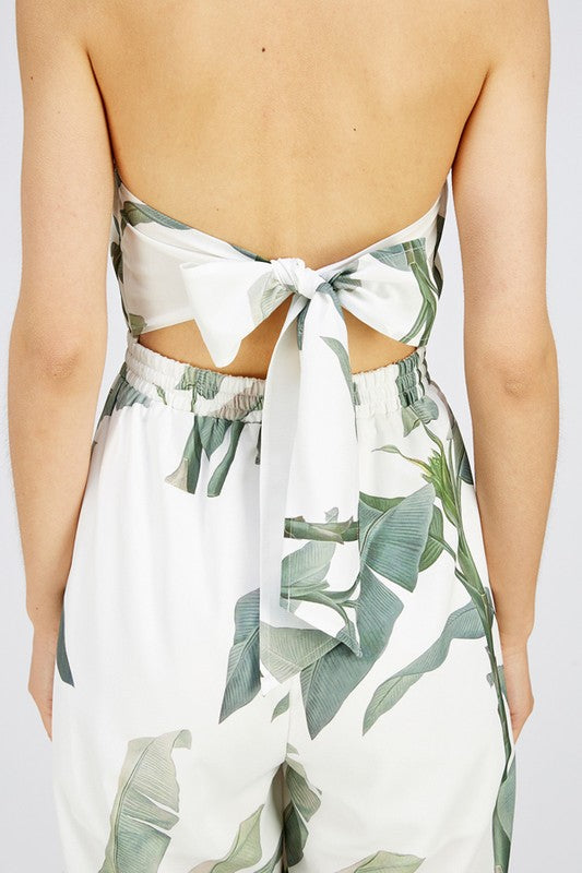 Fashion Strapless White Tropical Print Tie-Up Jumpsuit