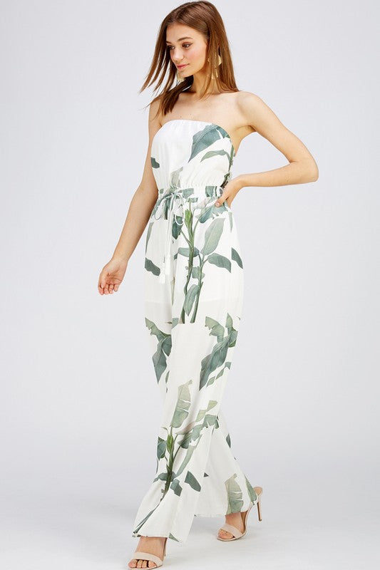 Fashion Strapless White Tropical Print Tie-Up Jumpsuit
