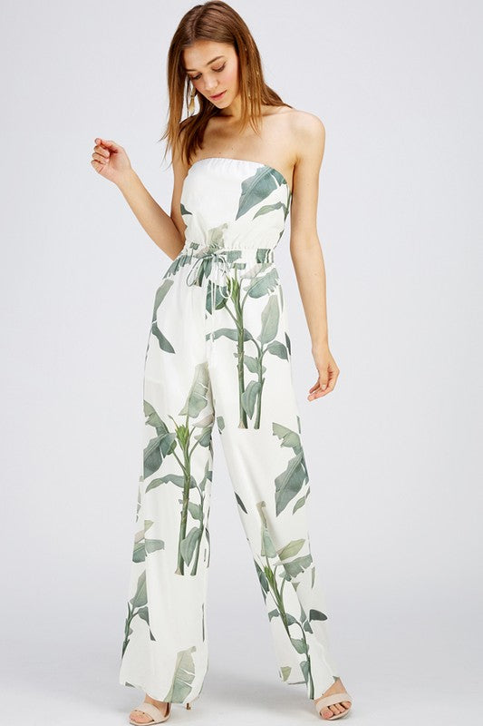 Fashion Strapless White Tropical Print Tie-Up Jumpsuit