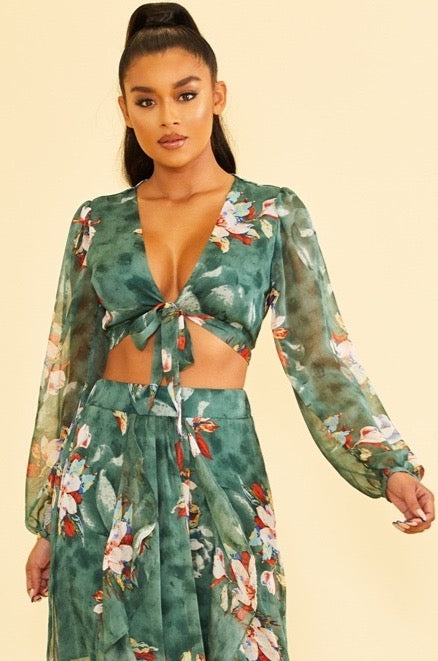 Elegant Hunter Green Multi-Color Floral Print Front Tie-Up Crop Top with Bell Sleeve