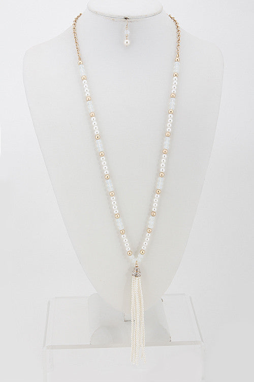 Long Fashion White Beaded Necklace with Tassel