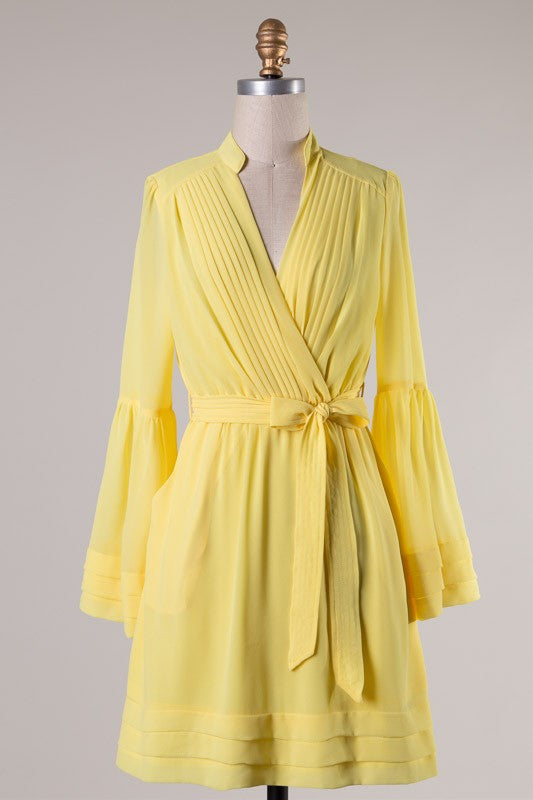 Elegant Bell Sleeve Pleated Summer Yellow Dress