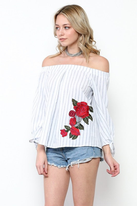 Summer White Off Shoulder Marine Top With Embroidery Rose