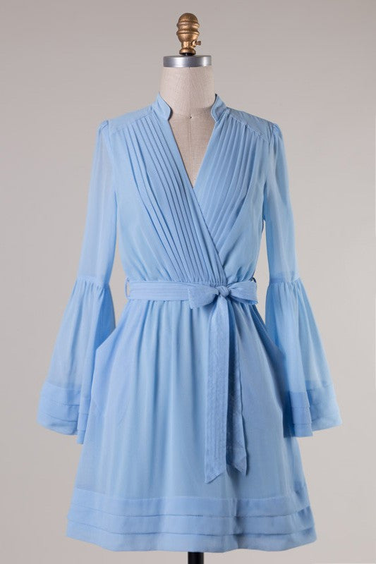 Elegant Bell Sleeve Pleated Summer Sky Blue Dress