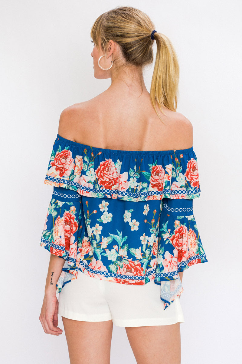 Elegant Multi-Color Floral Print Ruffle Navy Top with Bell Sleeve