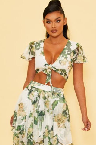 Elegant White Multi-Color Floral Print Front Tie-Up Crop Top