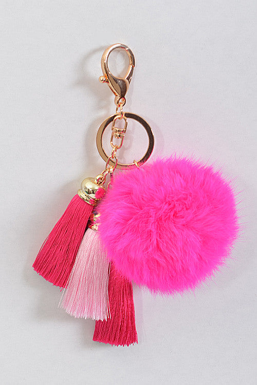 Small Fuchsia Pom Pom Gold Key Chain with Tassel