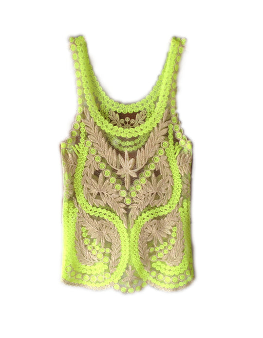 Yellow Green Sheer Floral Crochet Tank