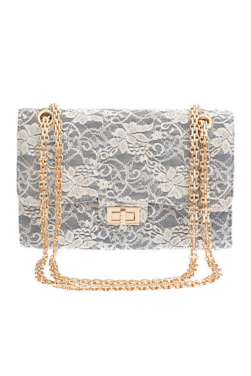 Elegant Flower Lace Quilted Grey Clutch