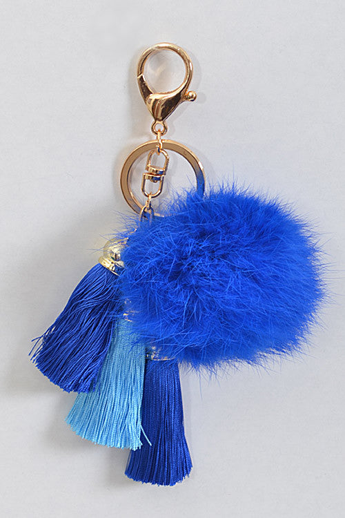 Small Blue Pom Pom Gold Key Chain with Tassel