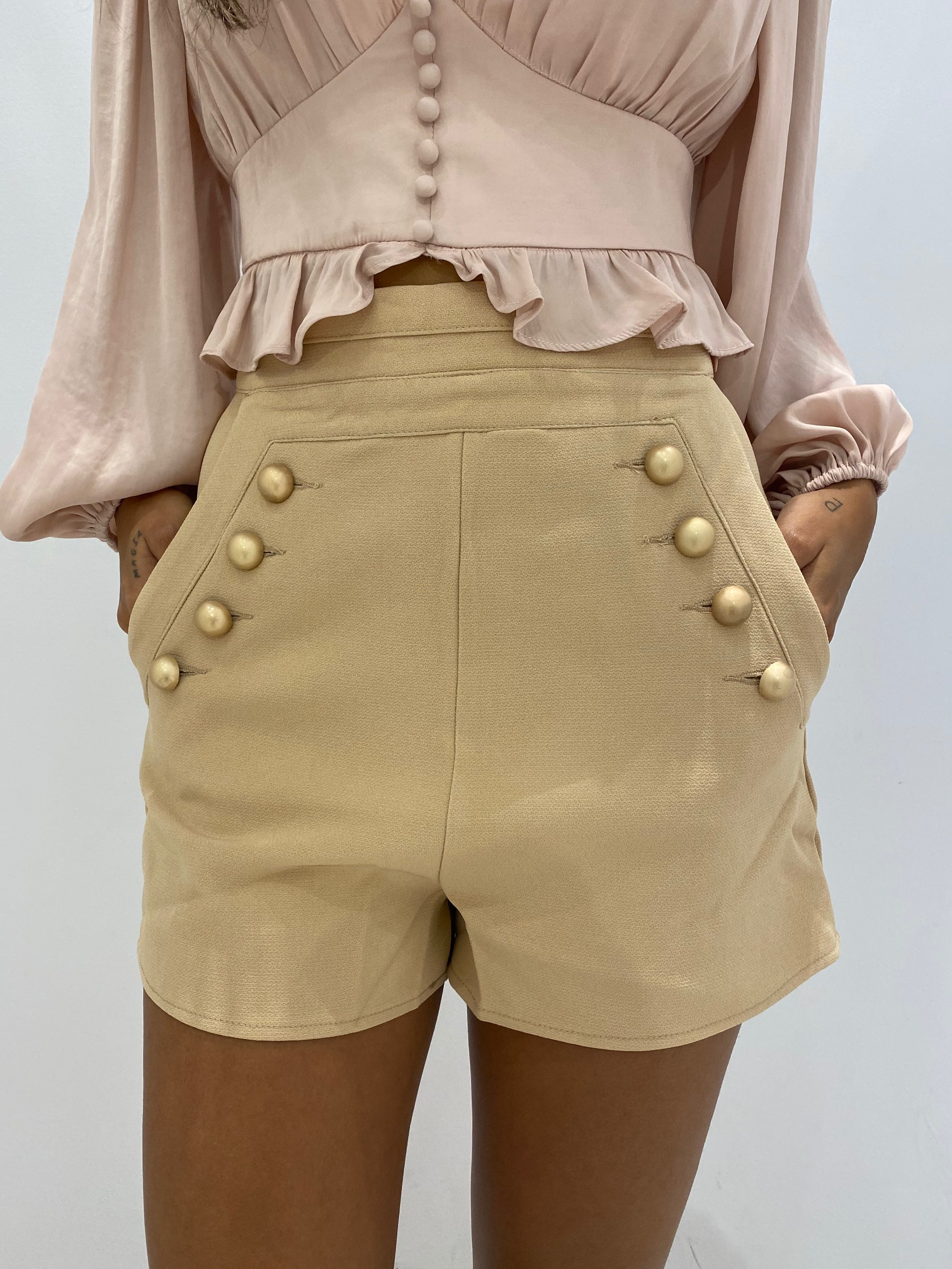 Fashion Beige High Waisted Button Detailed Shorts