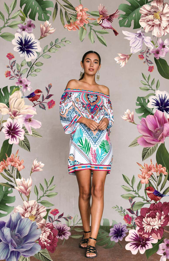 Fashion Off Shoulder Multi-Color Floral Print Ivory Dress