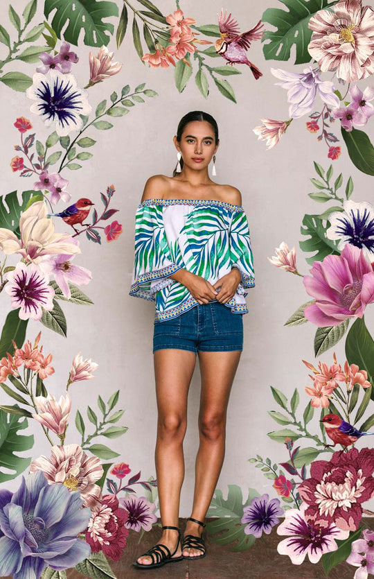 Fashion Off Shoulder Palm Leaf Print Ivory Green Top