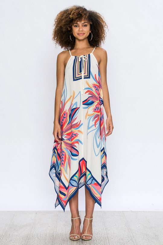 Fashion Halter Multi-Color Floral Print Elegant White Dress