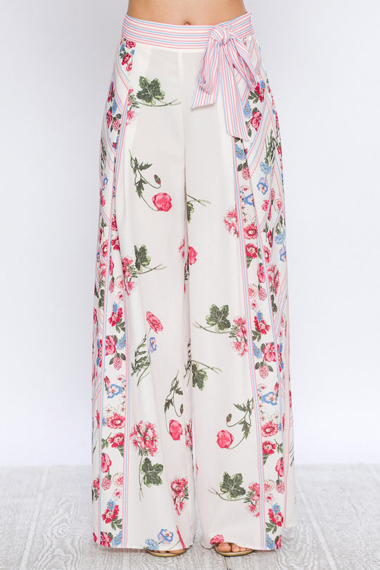 Fashion Multi-Color Floral Print Tie-Up Ecru Palazzo Pants