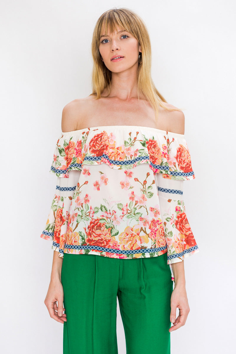 Elegant Multi-Color Floral Print Ruffle Ivory Top with Bell Sleeve