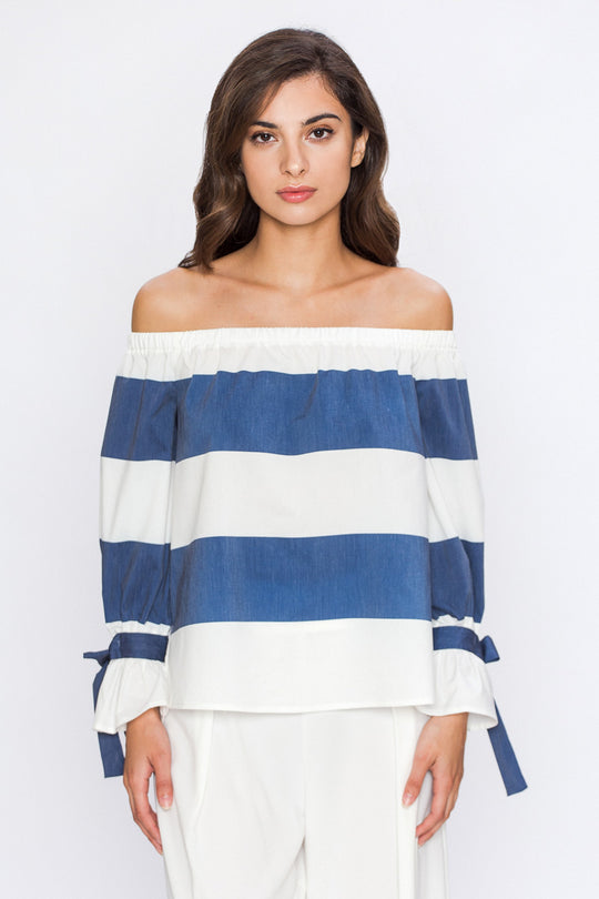 Elegant Navy Marine Off Shoulder Tie-Up Sleeve Top
