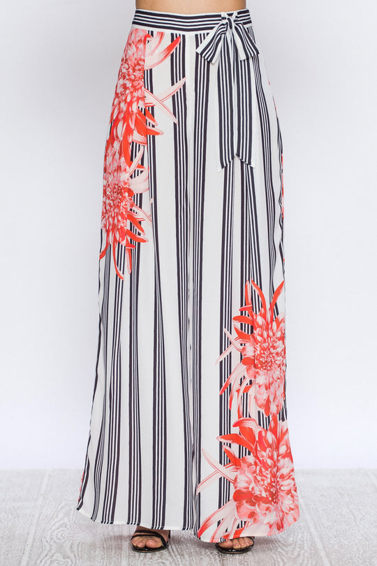 Fashion Red Floral Print Contrast Tie-Up White Palazzo Pants