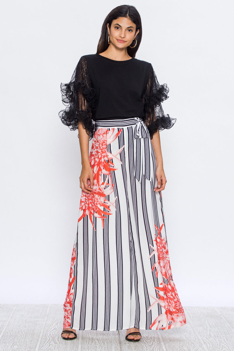 Fashion Red Floral Print Contrast Tie-Up White Palazzo Pants