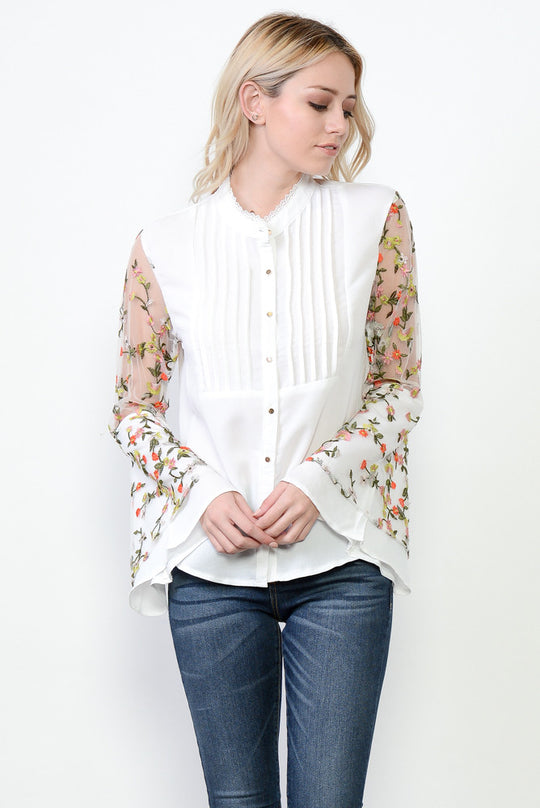 Elegant Floral Embroideries Bell Sleeve White Shirt