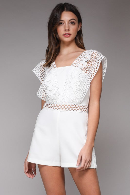 Elegant White Lace Romper with Band Sleeve Detailed