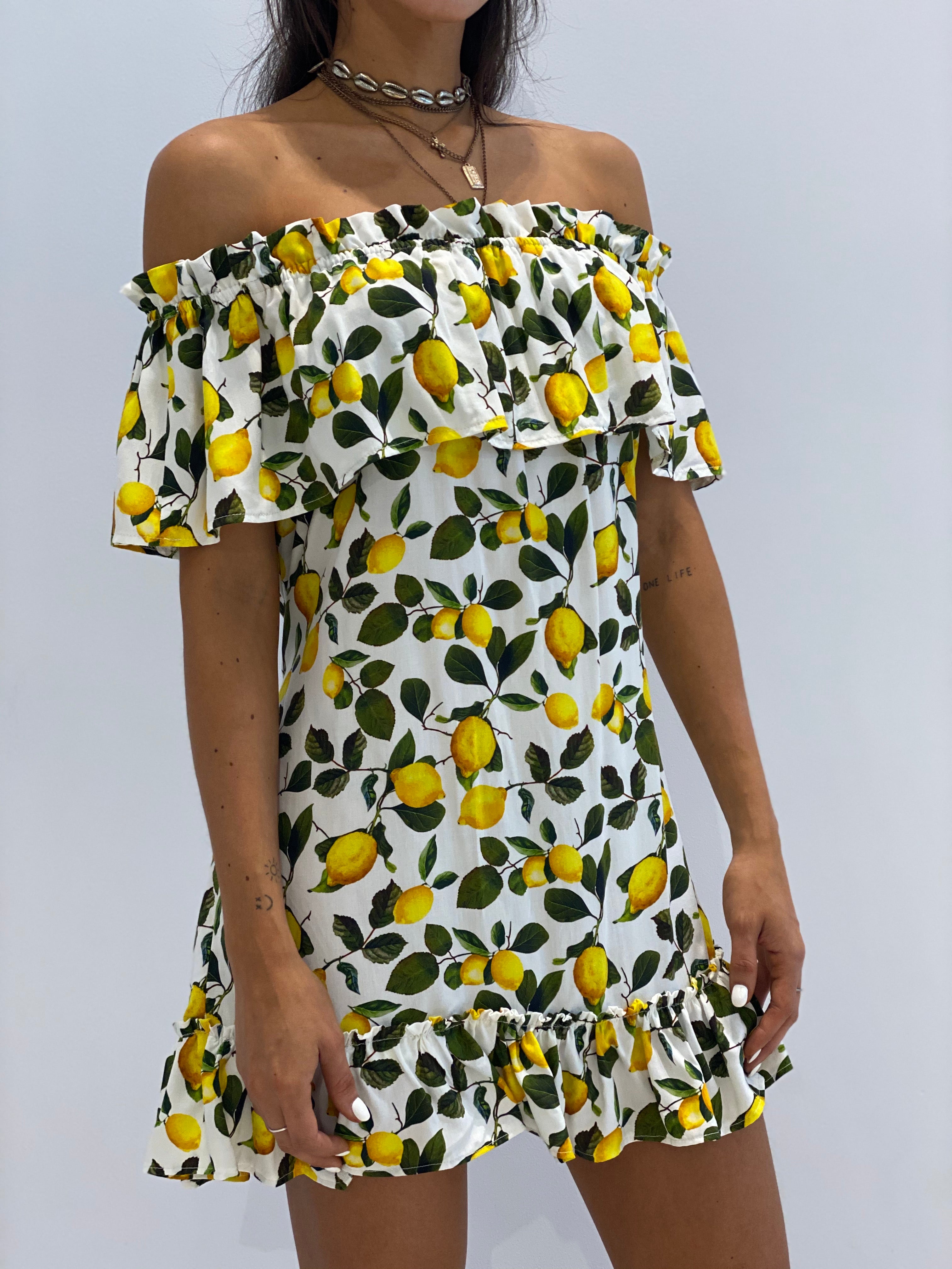lemon print off the shoulder dress Plus Size Off The Shoulder Lemon Print Dress, Black Combo, 22/24