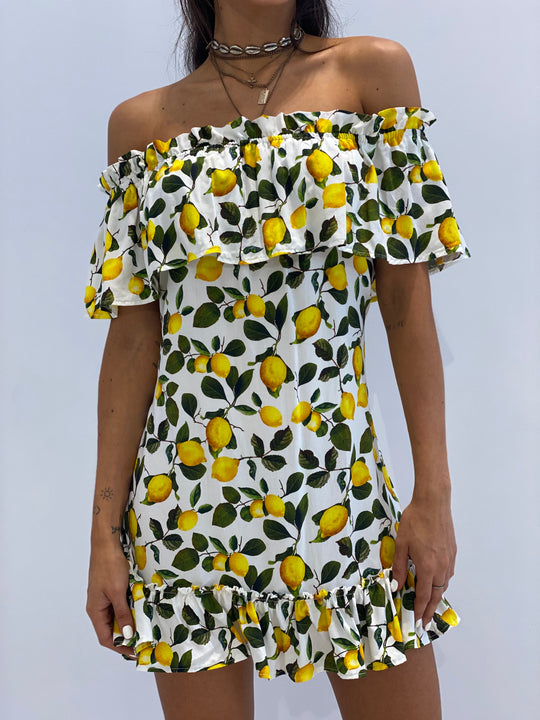 Elegant White Lemon Print Off Shoulder Tie-Up Ruffle Dress