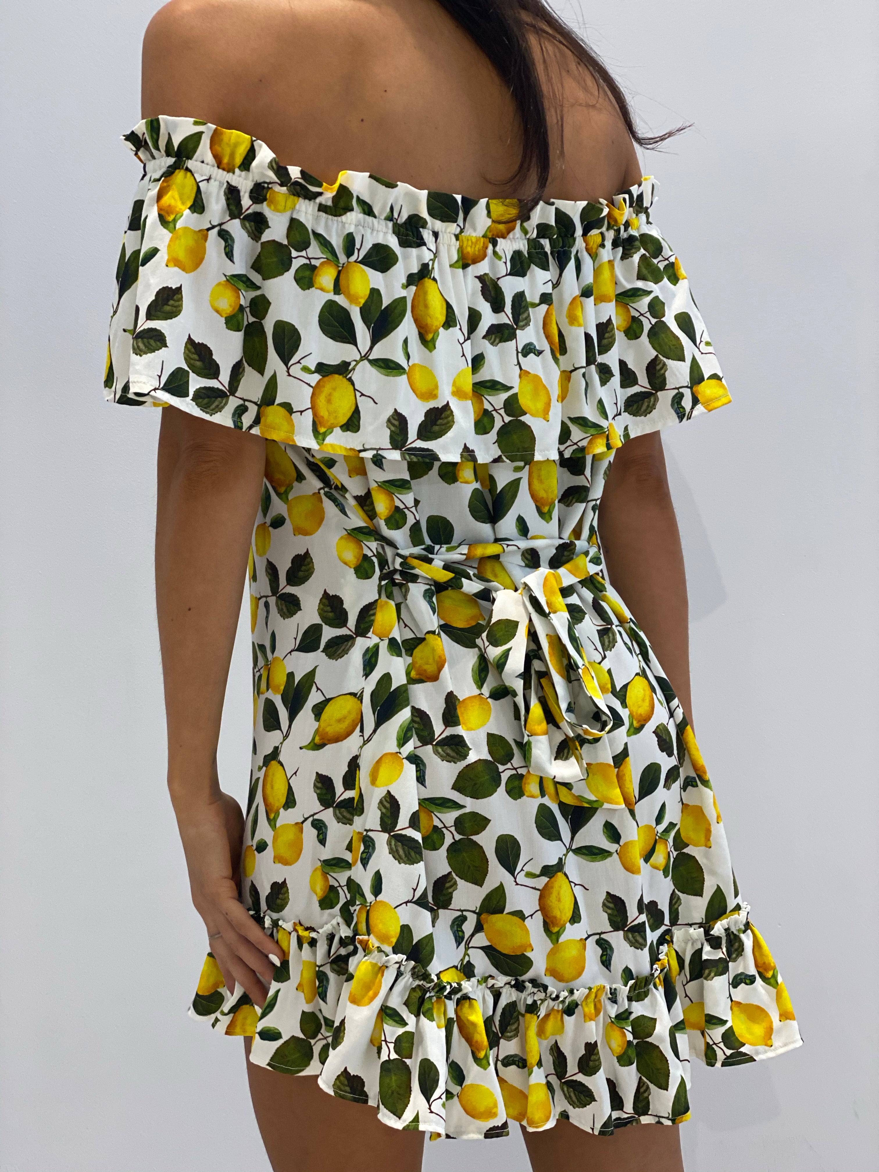 Elegant White Lemon Print Off Shoulder Tie-Up Ruffle Dress