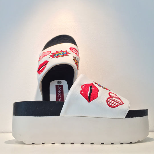 White Comic Embroidery Sandal Platform