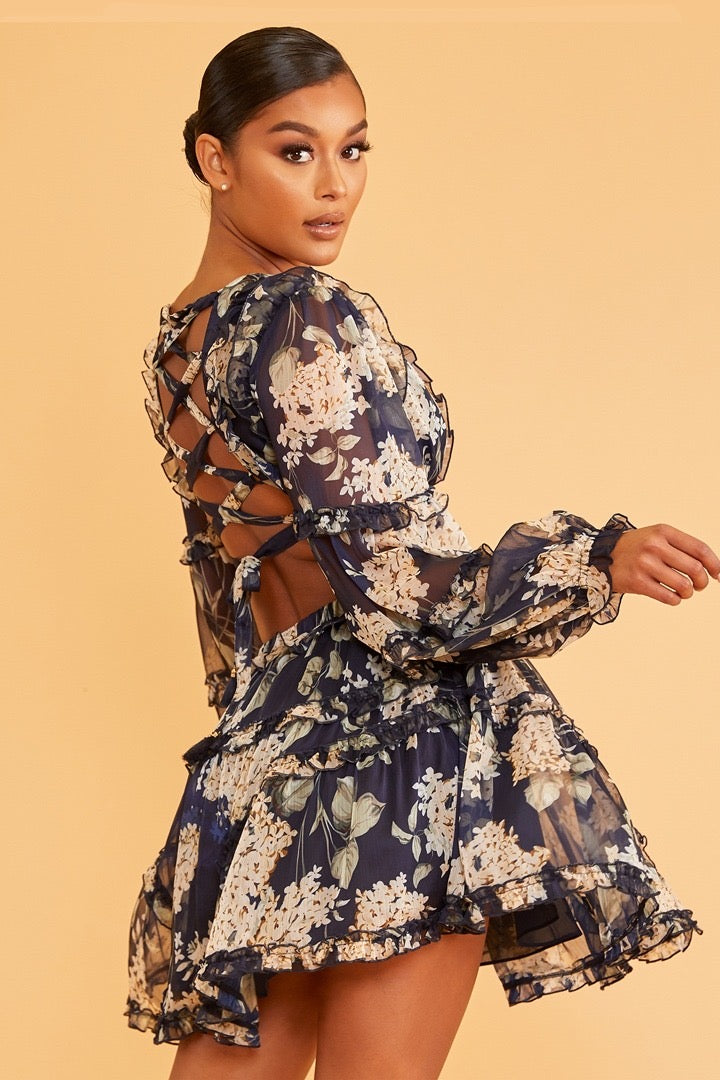 Elegant Navy Floral Print V-Neck Ruffle Cut-Out Back Tie-Up Dress with Long Sleeve