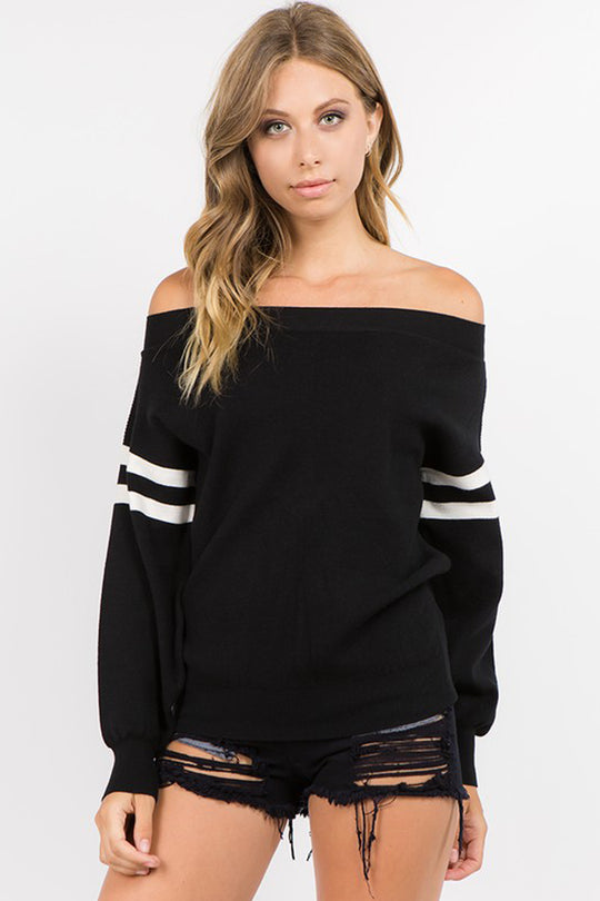 Fashion Off Shoulder White Striped Detailed Long Sleeve Jogging Black Top