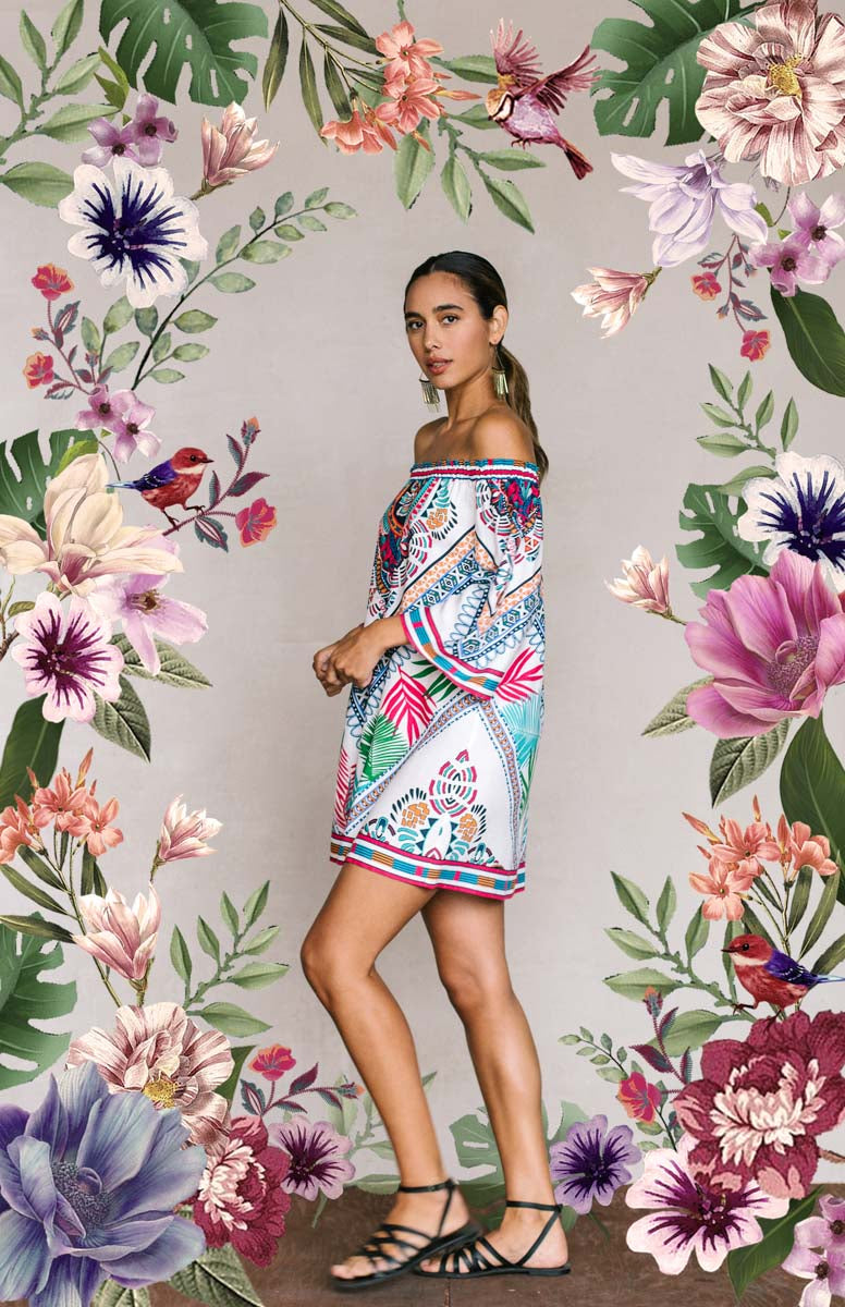 Fashion Off Shoulder Multi-Color Floral Print Ivory Dress