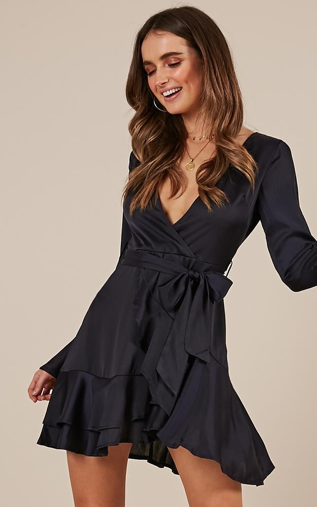Elegant Black Satin Tie-Up Ruffle Dress with Bell Sleeve