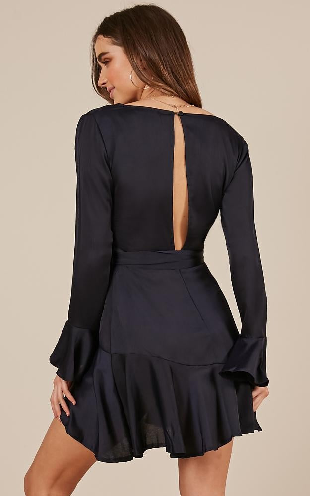 Elegant Black Satin Tie-Up Ruffle Dress with Bell Sleeve