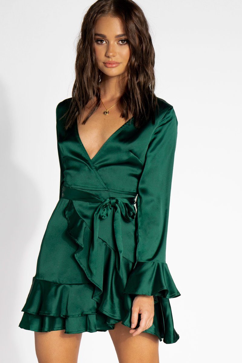 Elegant Jade Satin Tie-Up Ruffle Detailed Dress with Bell Sleeve