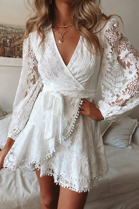 Cami Balloon Sleeve Faux Wrap Dress Lace White - M Cami Balloon Sleeve Faux Wrap Dress Lace White - M