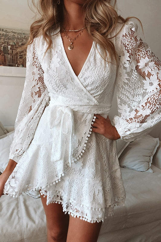 Elegant White Lace Pom Pom Detailed Wrap Tie-Up Dress with Long Sleeve