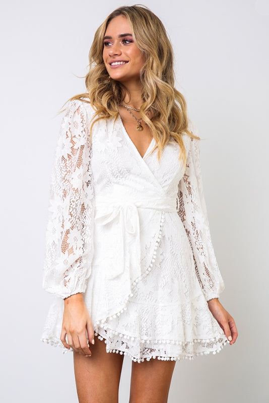 Elegant White Lace Pom Pom Detailed Wrap Tie-Up Dress with Long Sleeve