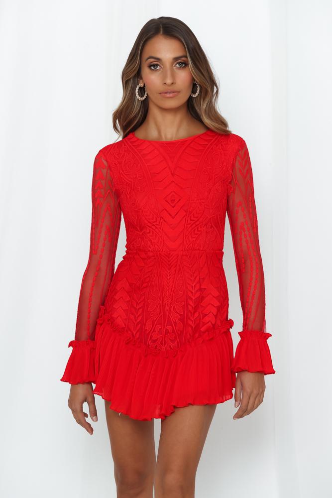 Elegant Red Floral Lace Ruffle Dress with Long Sleeve