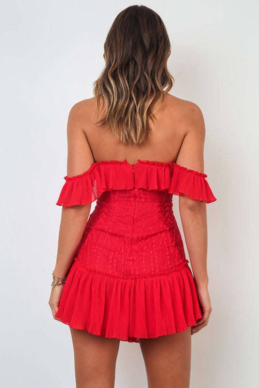 Elegant Off Shoulder Red Floral Lace Ruffle Dress