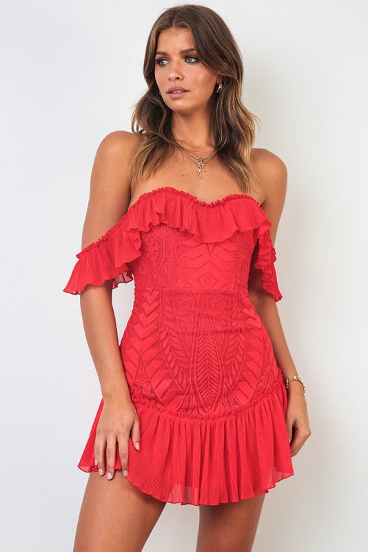 Elegant Off Shoulder Red Floral Lace Ruffle Dress