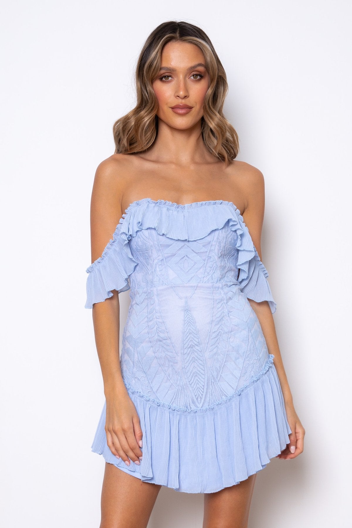 Elegant Off Shoulder Steel Blue Floral Lace Ruffle Dress