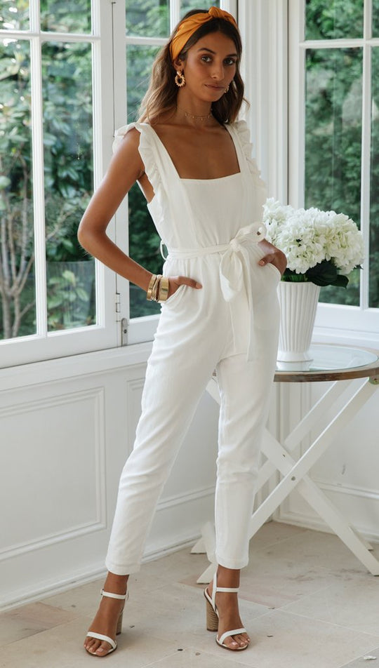 Fashion White Tie-Up Jumpsuit with Band Sleeve Detailed