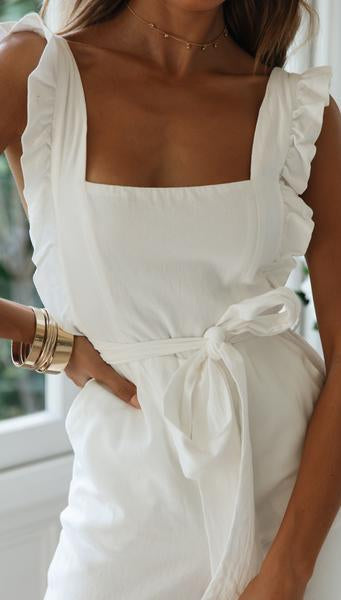 Fashion White Tie-Up Jumpsuit with Band Sleeve Detailed