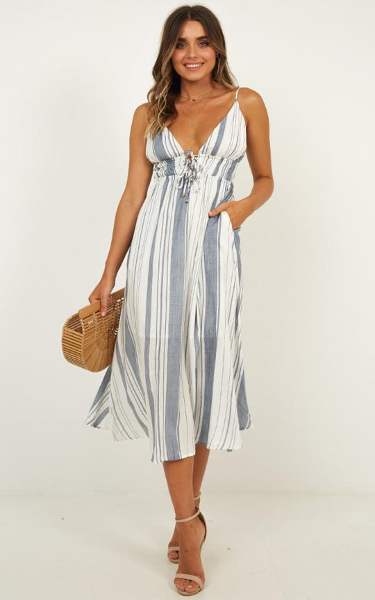 Elegant Summer Strap Blue Marine V-Neck Dress